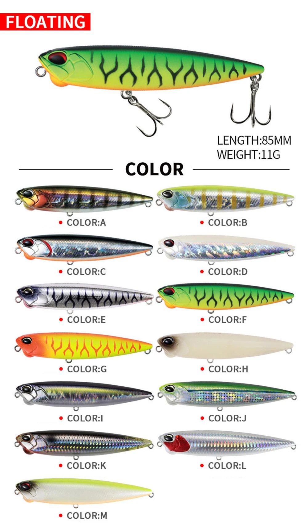 Description Picture 3 of item8.5cm 11g Fishing Lures Pencil Bait Wobbler Long Casting Topwater Floating Jerkbait Artificial Hard Bait Trout Bass Decoy QBE123