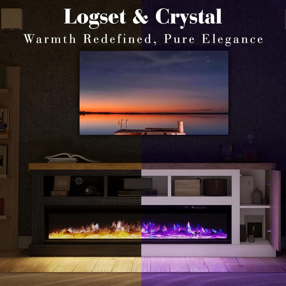 75” Fireplace TV Stand with 60” Electric Fireplace, Chunky Entertainment Center with Wood Grain, Color Clash Entertainment Stand 2
