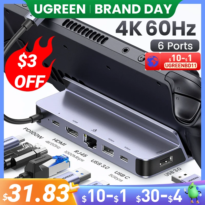  UGREEN USB C Docking Station to HDMI 4K60Hz RJ45 PD100W Dock for Steam Deck Asus ROG Ally Nintend Switch MacBook PC USB 3.0 HUB 
