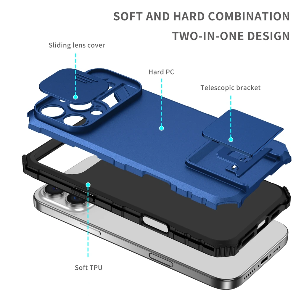 Slide Camera Protection Armor Phone Case - Durable Hard Cover with Plastic Holder