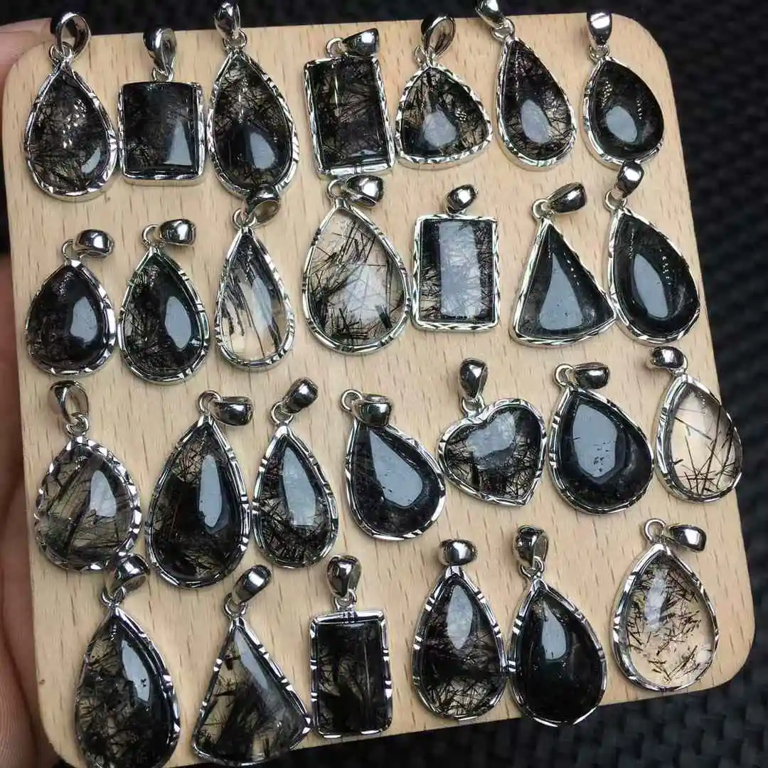 Unit One Piece 925 Silver With Natural Black Rutilated Hair Quartz Gemstone Crystal Teardrops Pendant For Gift 6