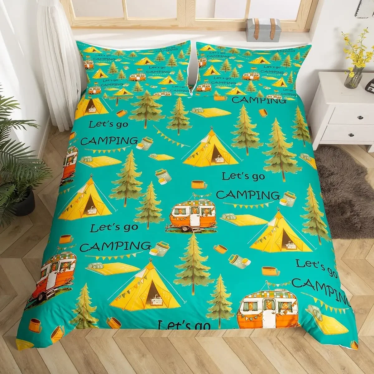 Camping Duvet Cover Set Full King Size Cartoon RV Camping Car Bedding Set Camper Accessories for Travel Trailers Comforter Cover