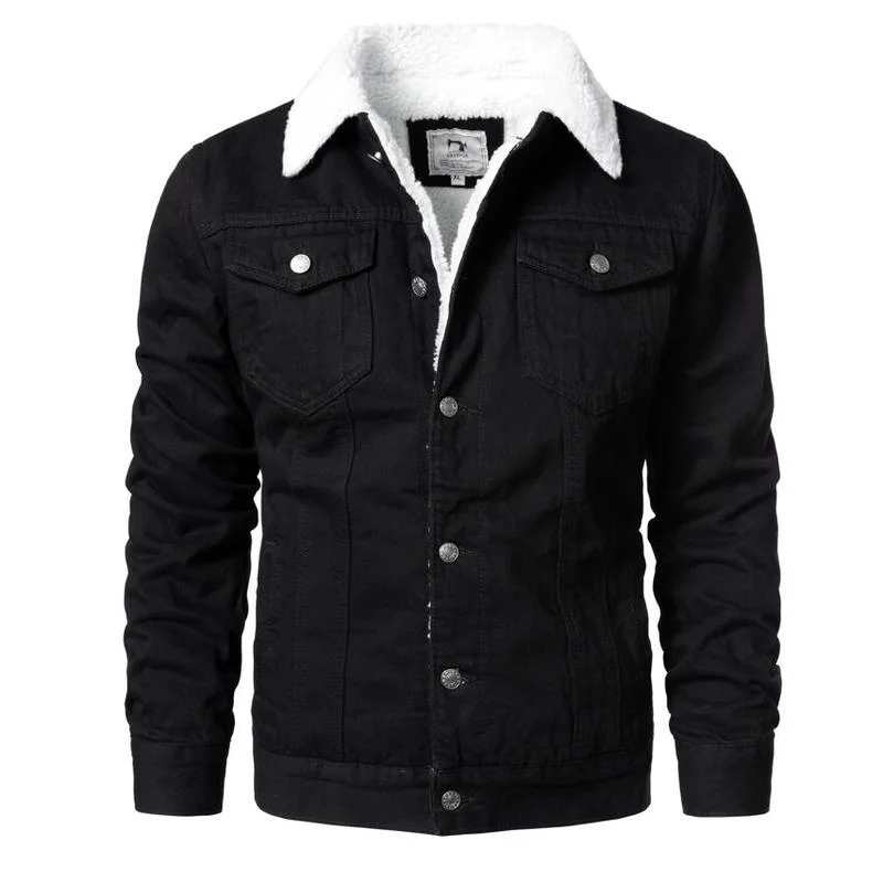 MenBlackDenimJacketsSolidCasualDenimCoatsNewMaleWinterFleeceHighQualityCotton