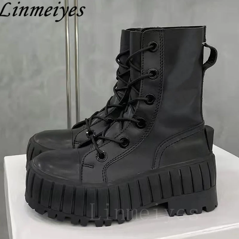 Thick Sole Motorcycle Boots Women Black Beige Lace Up Military Boots Platform Shoes Women Height