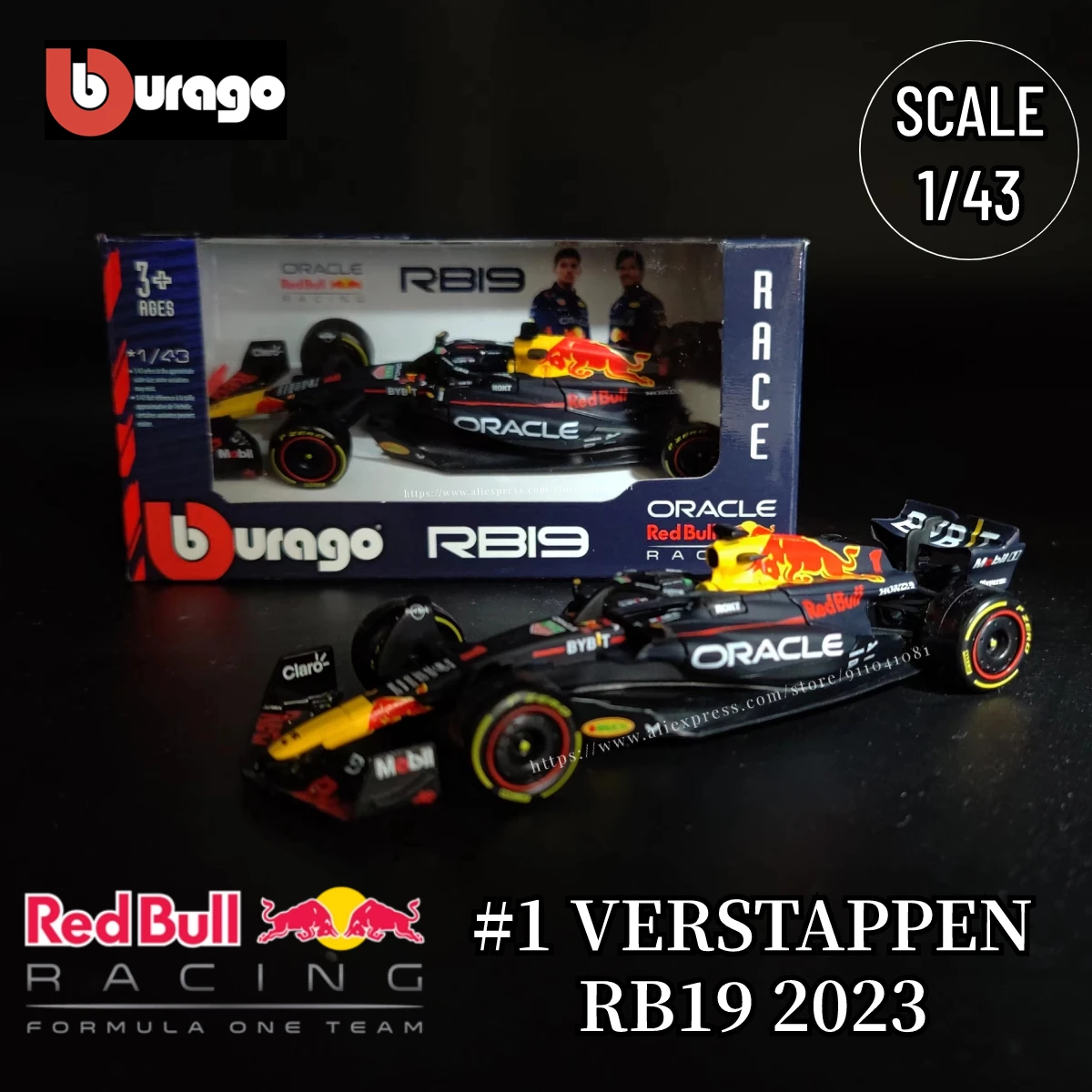 Bburago 1:43 Scale F1 2023 RB19 Car Model Red Bull Racing Formula 1 Team Vestappen Perez Diecast Miniature Collectible Kid Toy