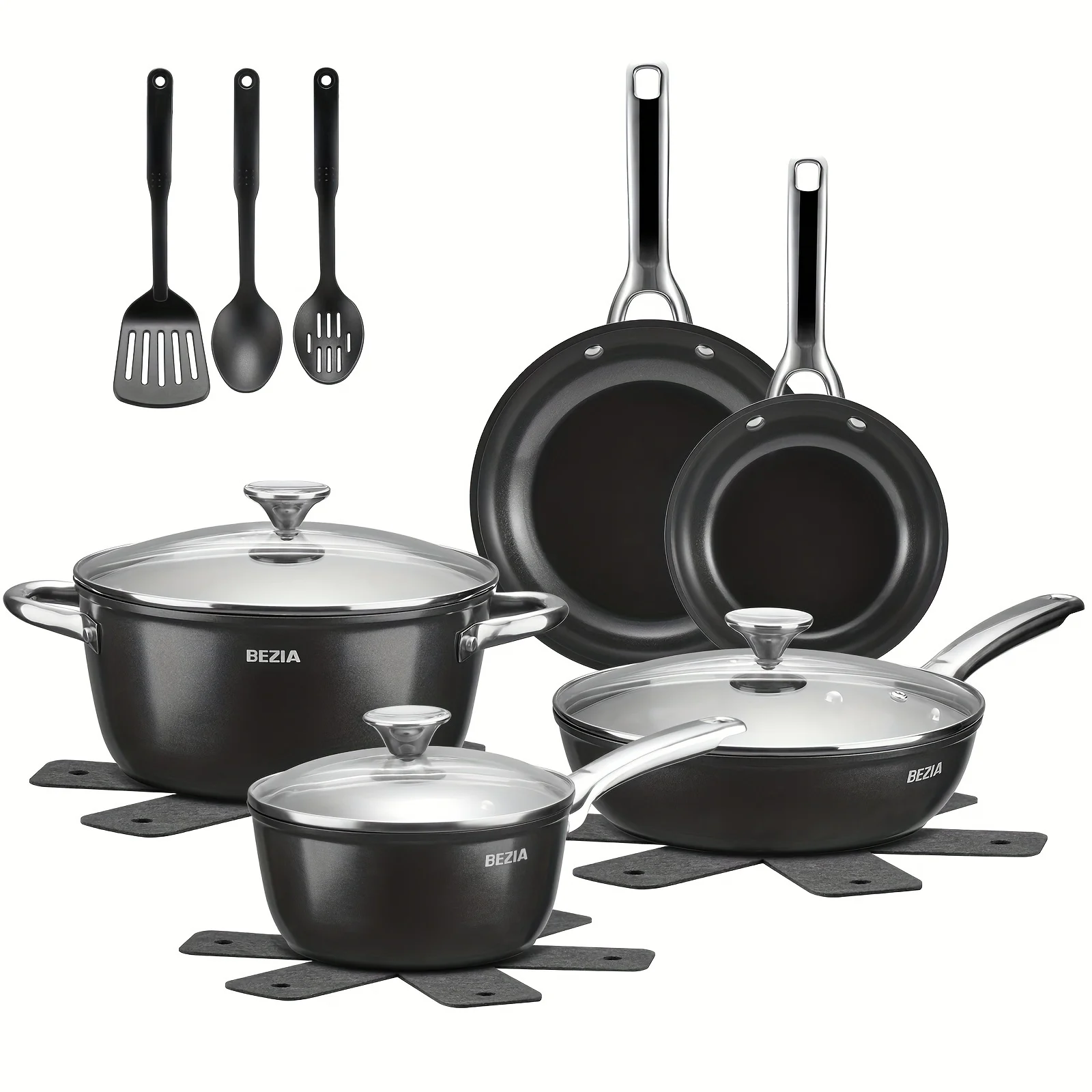 

Induction Cookware Set 15-Piece, Pots and Pans Set with Healthy Ceramic Non-Stick Coating, Stainless Steel Handles ＆ Lids, Dis