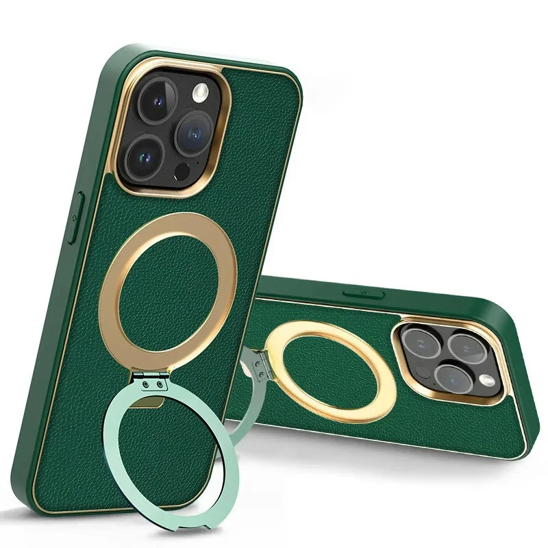 

Luxury PU Leather Metal Fold Stand Bracket Phone Case For iPhone 15 Pro Max 13 11 12 14 Wireless Charging Shockproof Back Cover