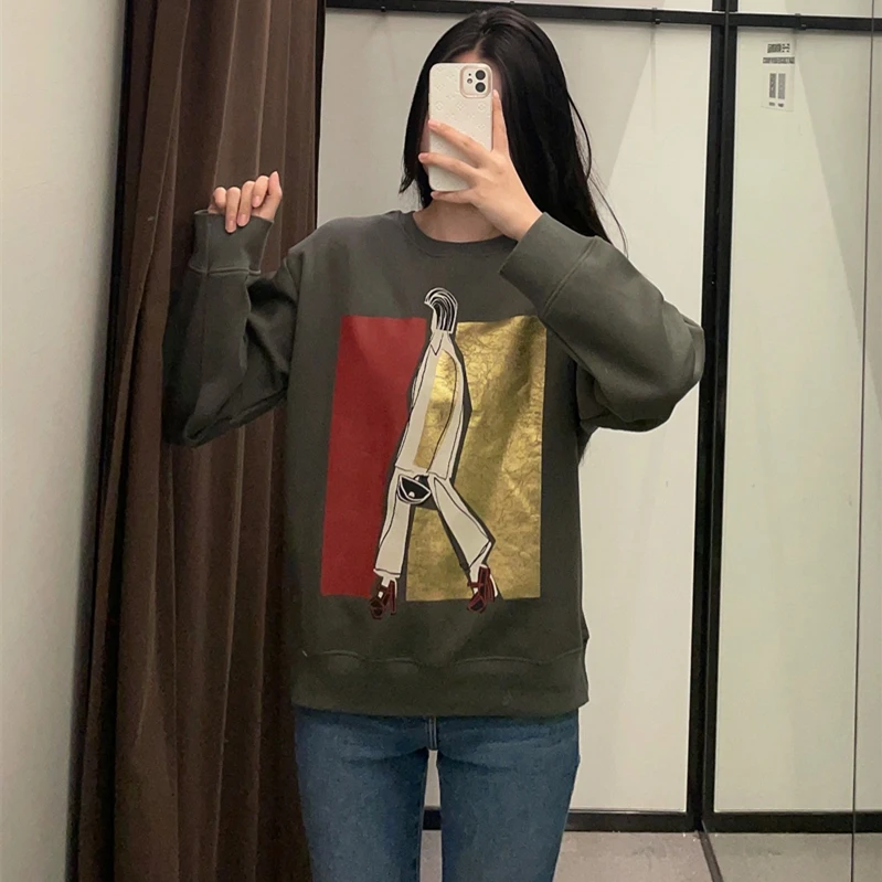

2022 women's autumn and winter new round neck long sleeve bright color girl fleece warm printed sweater