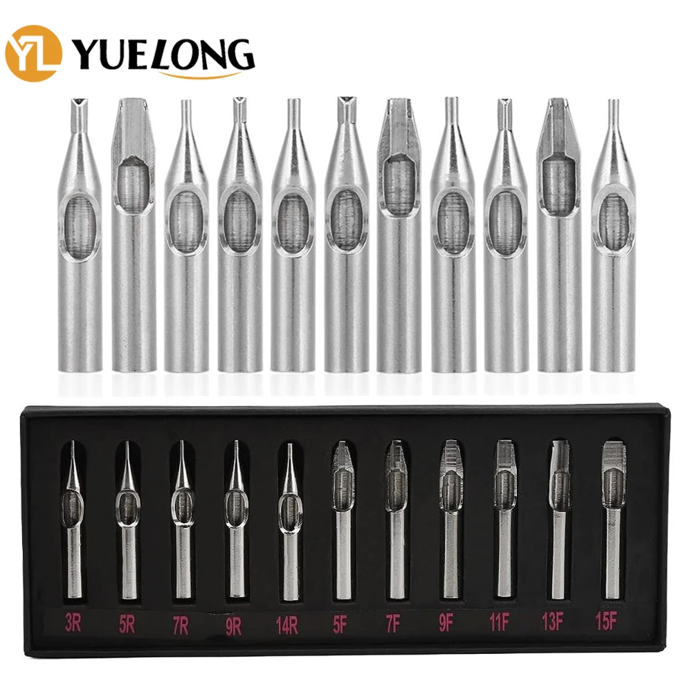 11PCS Mixed Stainless Steel Tattoo Tips Set 11 Size Round Flat Tattoo Tube Tips for Machine Needles Nozzle
