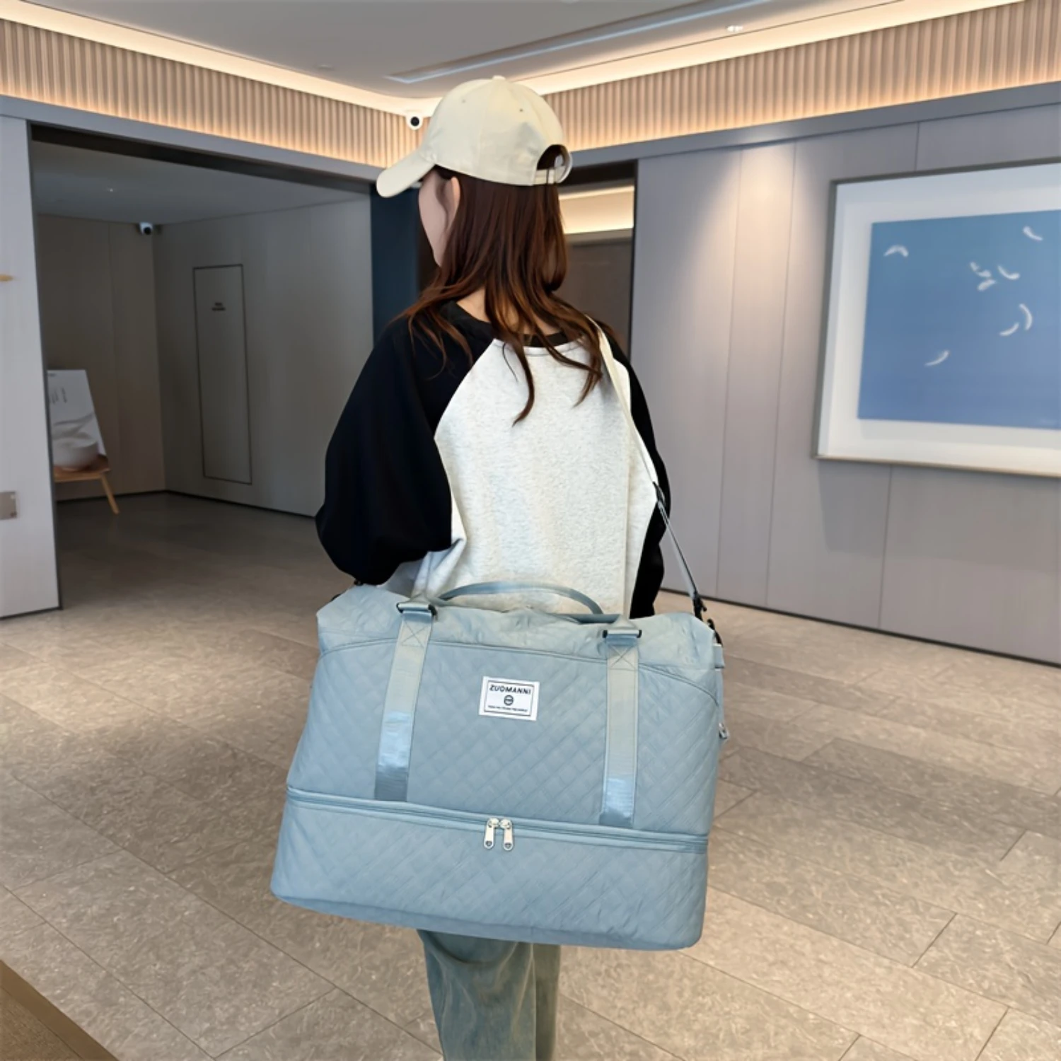 2PCS Argyle Pattern Duffle Bag & Cosmetic Case Set-Spacious Gym Bag with Shoe Compartment, Ultra-Portable Travel Luggage featu