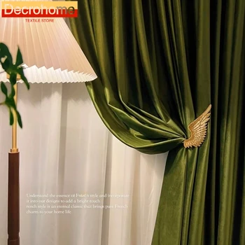 French Retro Olive Green Velvet Blackout Curtains for Living Room Bedroom Dining Custom Size Luxury Partition Decoration Drapes