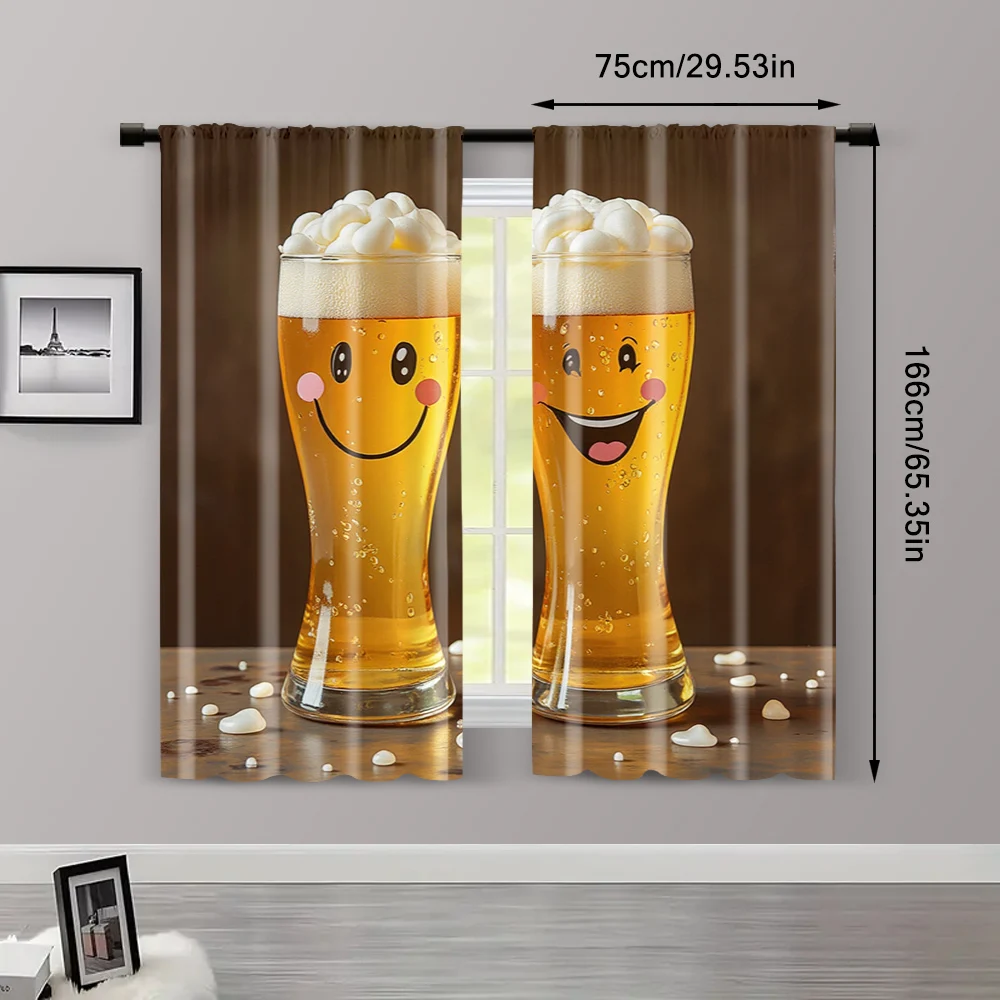 2pcs, Curtain Popular 2D print Humorous Beer Glass Versatile Polyester (without rod) Art Deco Festive Perfect for Living Room, 3