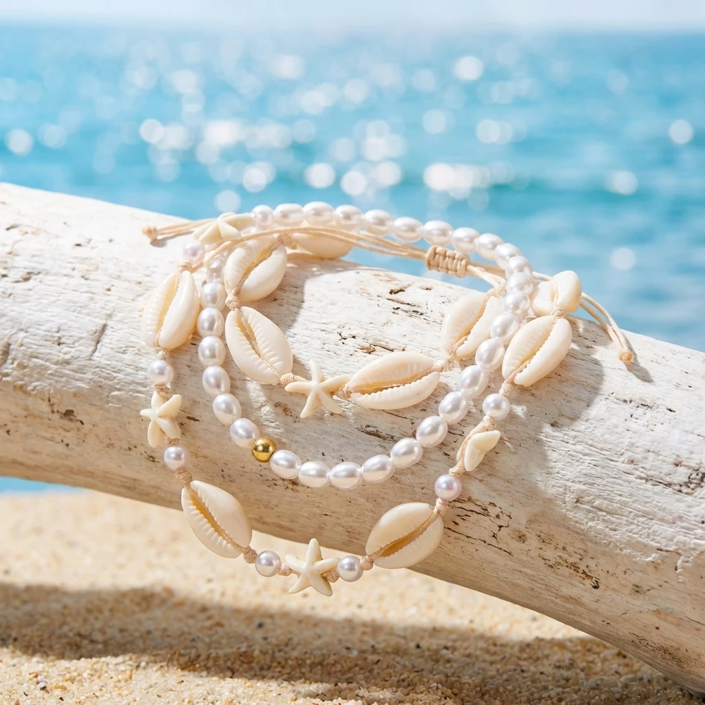 Trendiges Boho-Fußkettchen-Set mit Muscheln, Seesternen und Kunstperlen, Verstellbares Fußarmband für Frauen, Strand- und Urlaubsschmuck für den Sommer – Detail 4