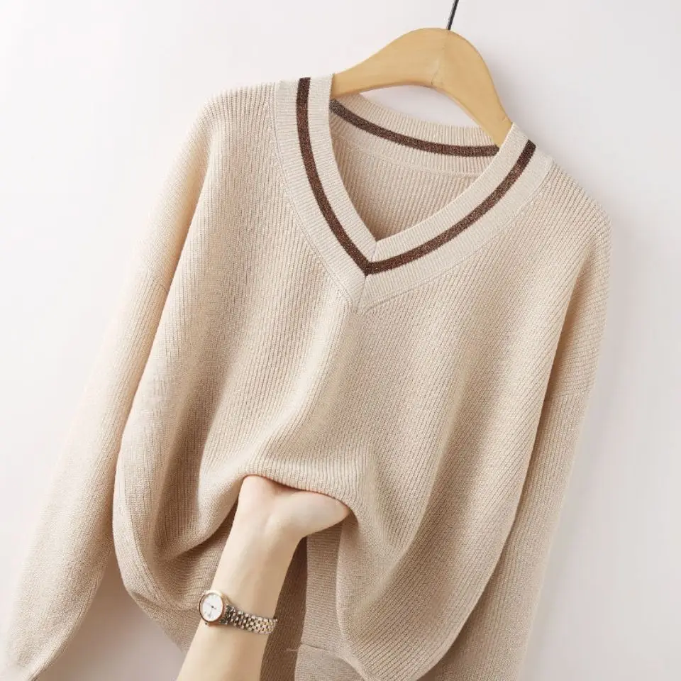 

Autumn/Winter New Women's Sweaters 2023 Fashion Knitwear Bottom Insulation V-neck Pullover Slim Fit Long Sleeve Large Top B543