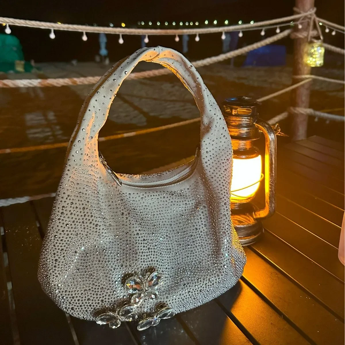 Women's Party Diamond Denim Bag 2024 New Fashion Design Chain Crossbody Bag Single Shoulder Pouch Blue Pleated Handbag