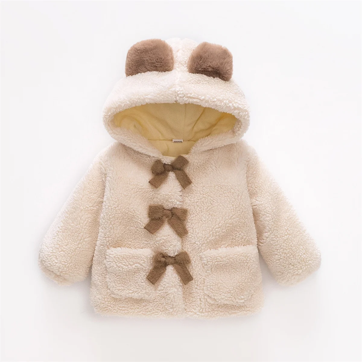 New Winter Girl's Coat Furry Hooded Bear Ears Bow Ribbon Warm Cute Girl Coat Button Long Sleeve Warm (0-3 Years Old)