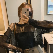 

Black Gothic Thin Women Pullover Loose Sweater 2021 Lady Hollow Out Hole Broken Streetwear Stretch Split Knit Short Top