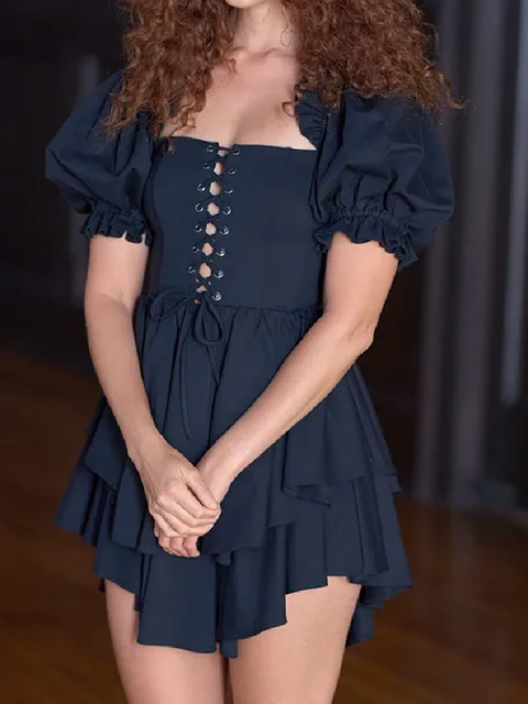 Retro Women Solid Black Cotton Ball Gown Dress Cross Lacing Retro Women Solid Black Cotton Ball Gown Dress Cross Lacing