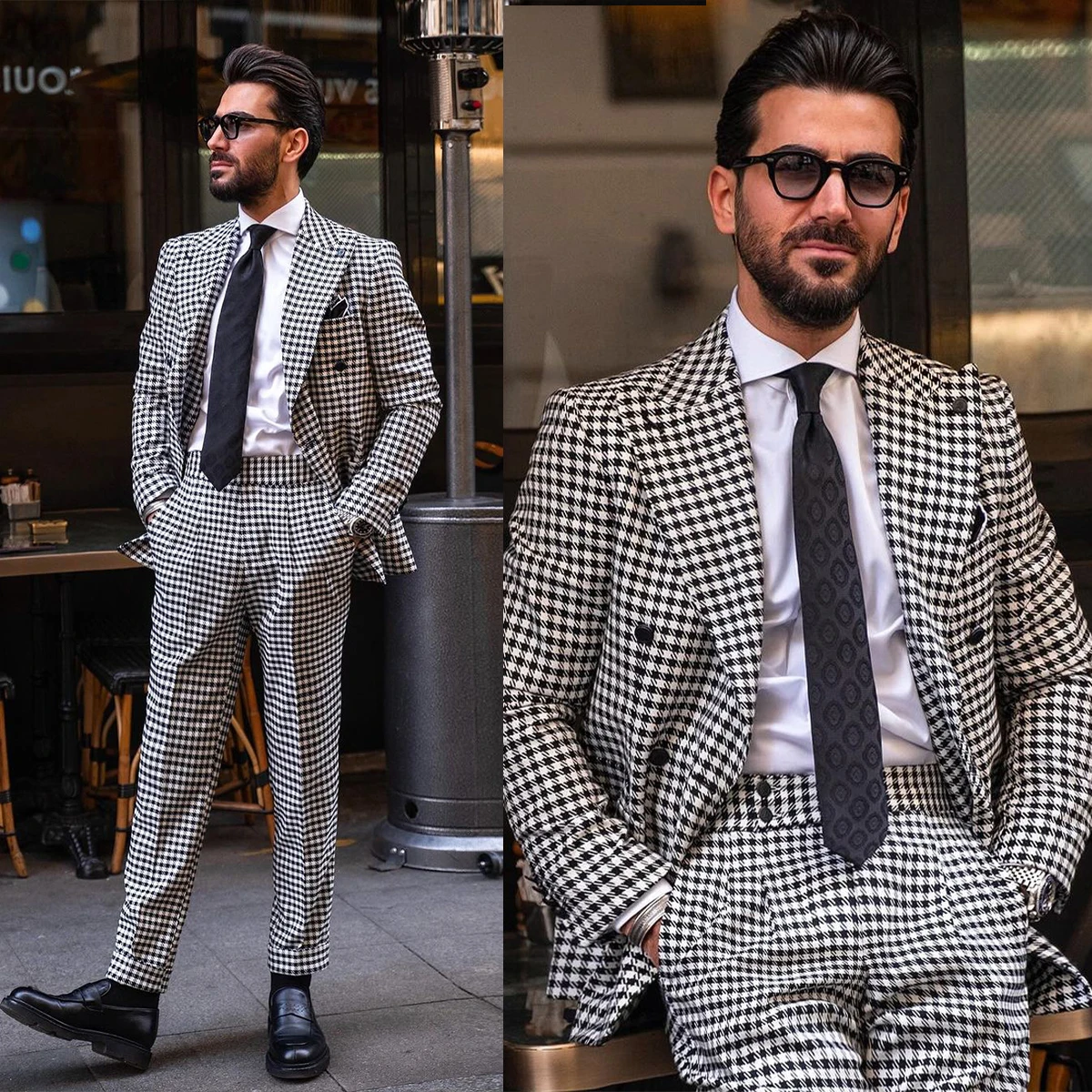 

Vintage Houndstooth Men Suit Wedding Peaked Lapel Two Button Groom Tuxedo Slim Bridegroom Suits 2 Piece(Blazer Pant)Customized