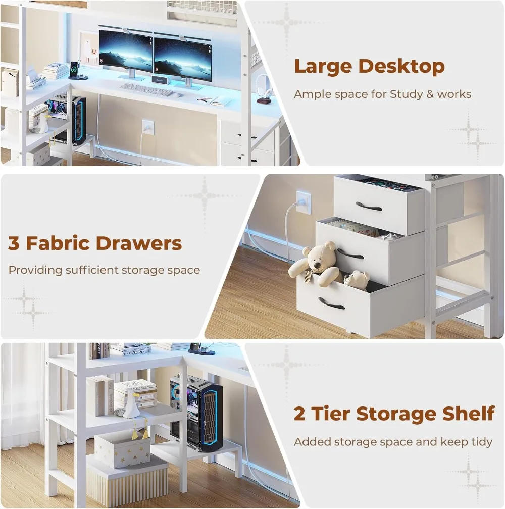 Loft Bed with L-Shaped Desk, Storage Drawers, Shelves, Power Outlets & LED Lights - Space Saving Twin Size