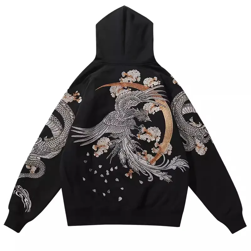 

High Street Black Loose Long Sleeve Streetwear Phoenix Dragon Sakura Embroidered Fashionable Men Boys Pullover Tops Hoodies L
