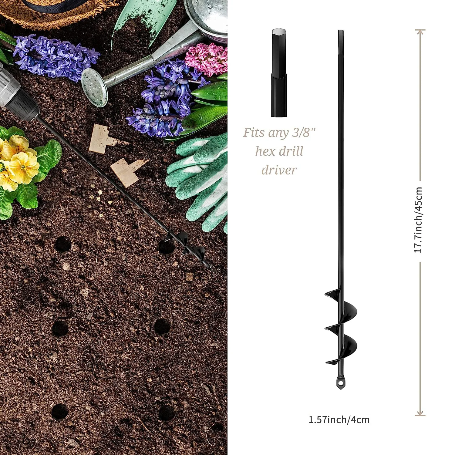 Auger Drill Bit For Planting Set Garden Spiral Hole Drill And Bulb Planter Tool Bedding Plants, Umbrella Holes 3/8 Inch Hex Dril