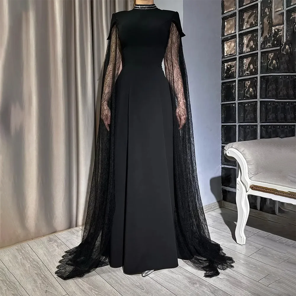 

Vintage Black High Evening Dresses with Lace Cape Sleeves Floor Length A Line Elegant Arabic Dubai Prom Dress