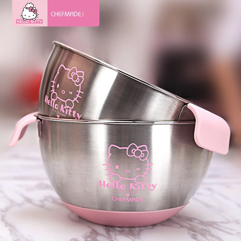 

Sanrios Hello Kitty Stainless Steel Mixing Bowl Cute Whipping Cream Bowl Cartoon Non-Slip Vegatable Basin Anime Kitchen Items