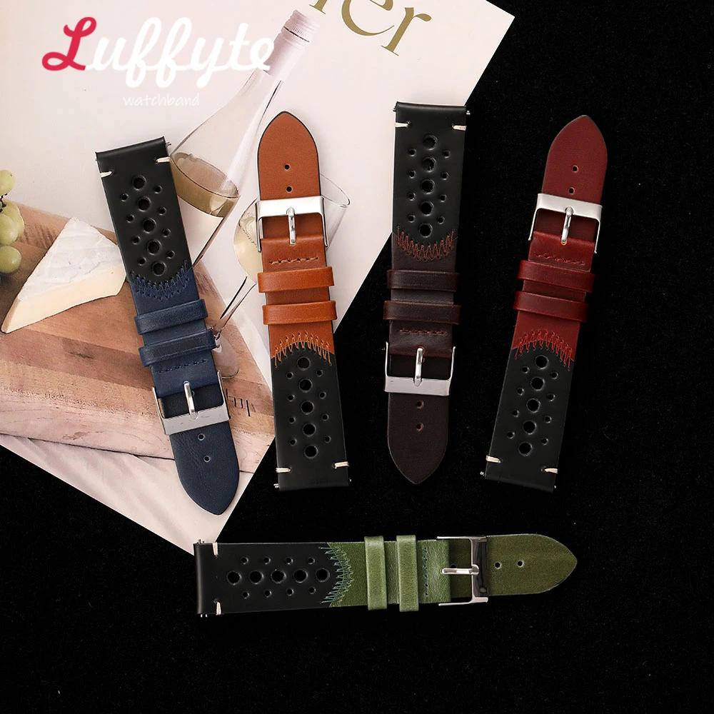 Vintage Oil Waxed Leather Watch Strap with Quick Release and Personalized Stitching