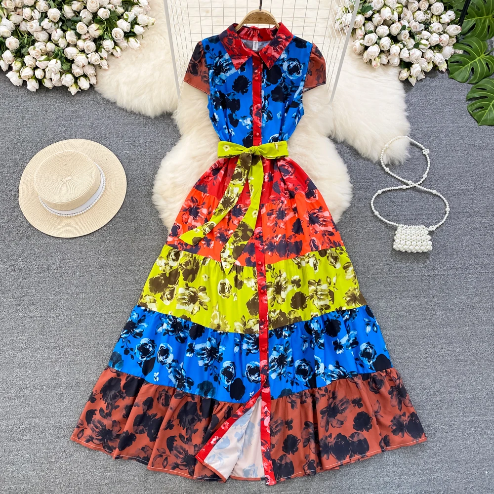 

Runway Fashion Women Pleated Dress Summer Designer Short Sleeve Colorblock Vintage Print Long Party Robes Vacation N5559