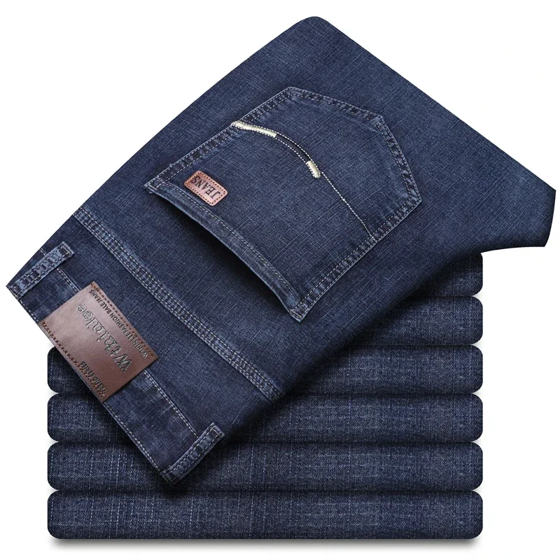 Autumn Classic Men's Fitted Stretch Jeans Business Casual Cotton Denim Straight Leg Pants Male Black Blue Trousers 3