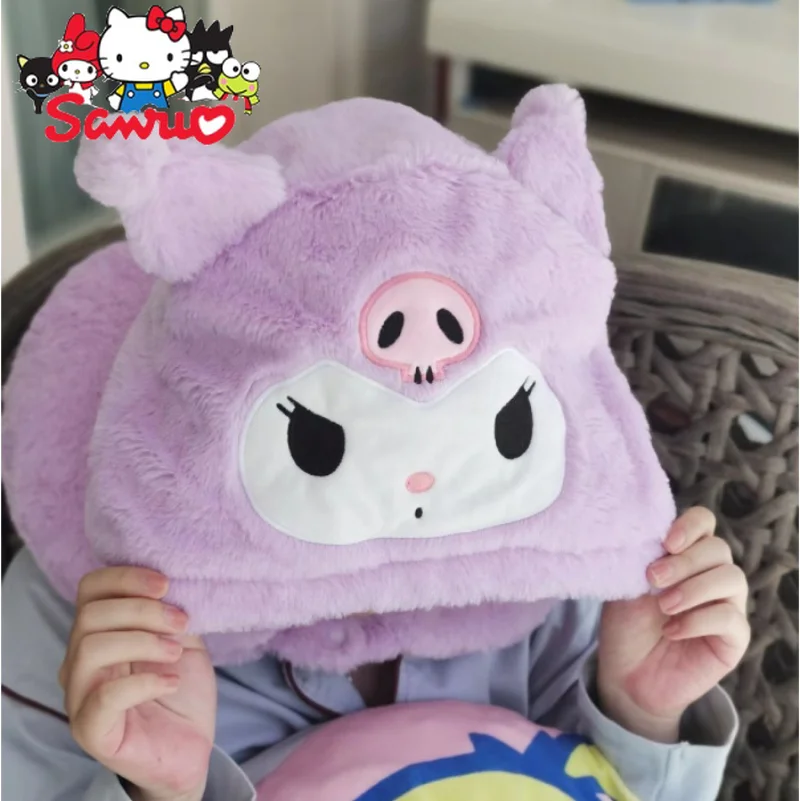 sanrio kuromi melody cinnamoroll fisherman hat female lean lamb fur fashion autumn winter everything with wind insulation hit Sanrio Cartoon Hooded U-shaped Pillow Kuromi Melody Cinnamoroll Pochacco Travel Plane with Hat Keep Warm Thickening Hats Gifts