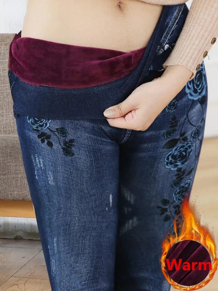 Mom Warm Print Leggings Imitate Denim Winter Plush Velvet Lined Leggins Pants slim Trousers Thicken Ankle-length Legginsy Broek