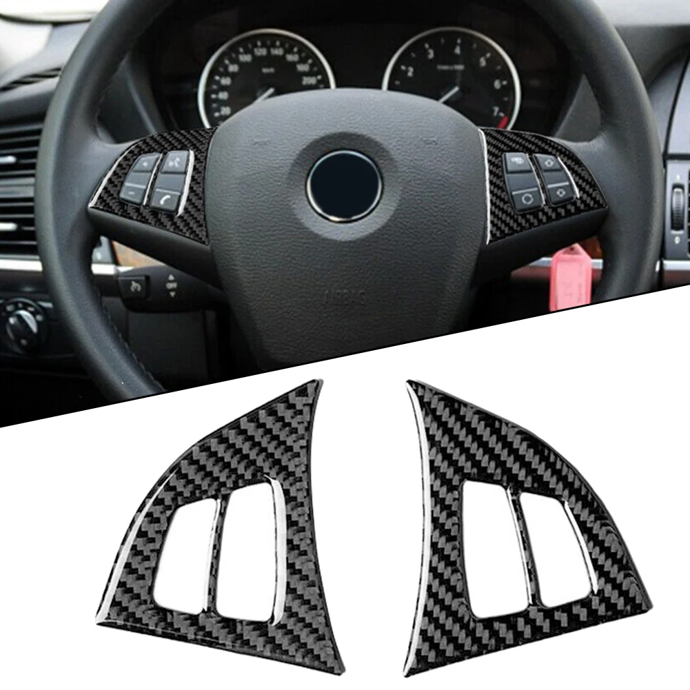 

2pcs Car Steering Wheel Button Frame Cover Trim For BMW E70 2008-2013 Black Carbon Fiber Automotive Interior Sticker Decor