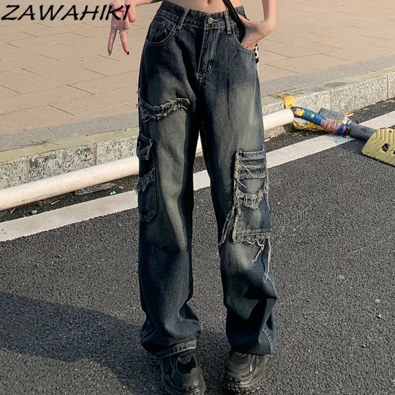 

High Street Hiphop Patchwork Distressed Vintage Frayed Solid Color Women Jeans Loose Fashion Chic Y2k Aesthetic Denim Pants