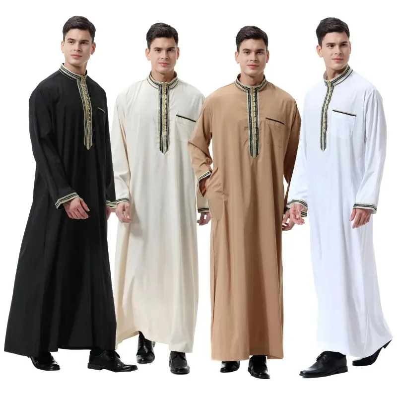 

Мусульманское мужское длинное платье Jubba Thobe, мусульманское кимоно с аппликацией, длинная одежда для саудовского мусульманского типа, женское арабское платье Дубая, 2024