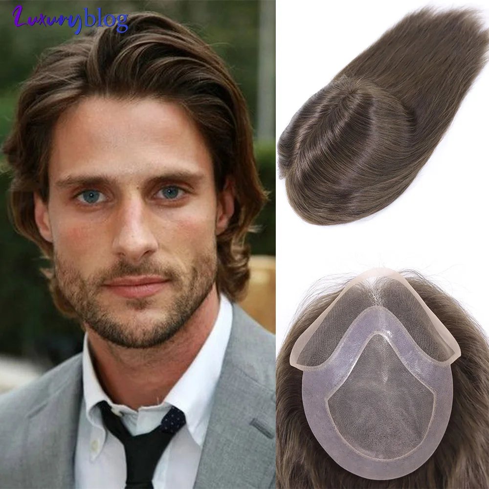 

12inch Brown Toupee for Men Human Hair Replacement System Fine Mono Thin Skin Pu Men's Prosthesis Hairpiece Unit Male Wig