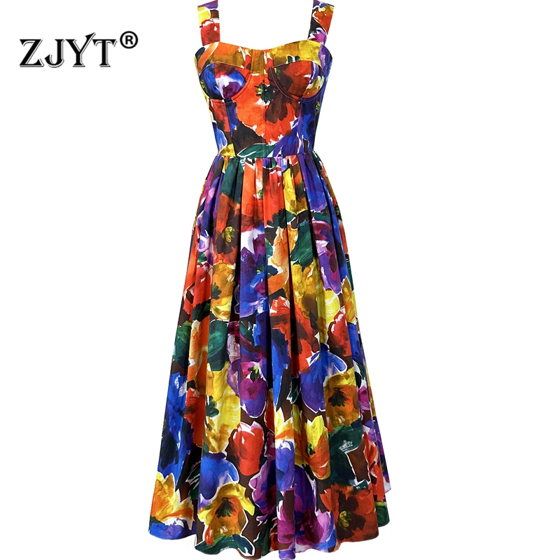 

ZJYT Summer Holiday Beach Dress for Women Vintage Print Spaghetti Strap Midi Dresses Runway Designer Elegant Vestidos 2024 New