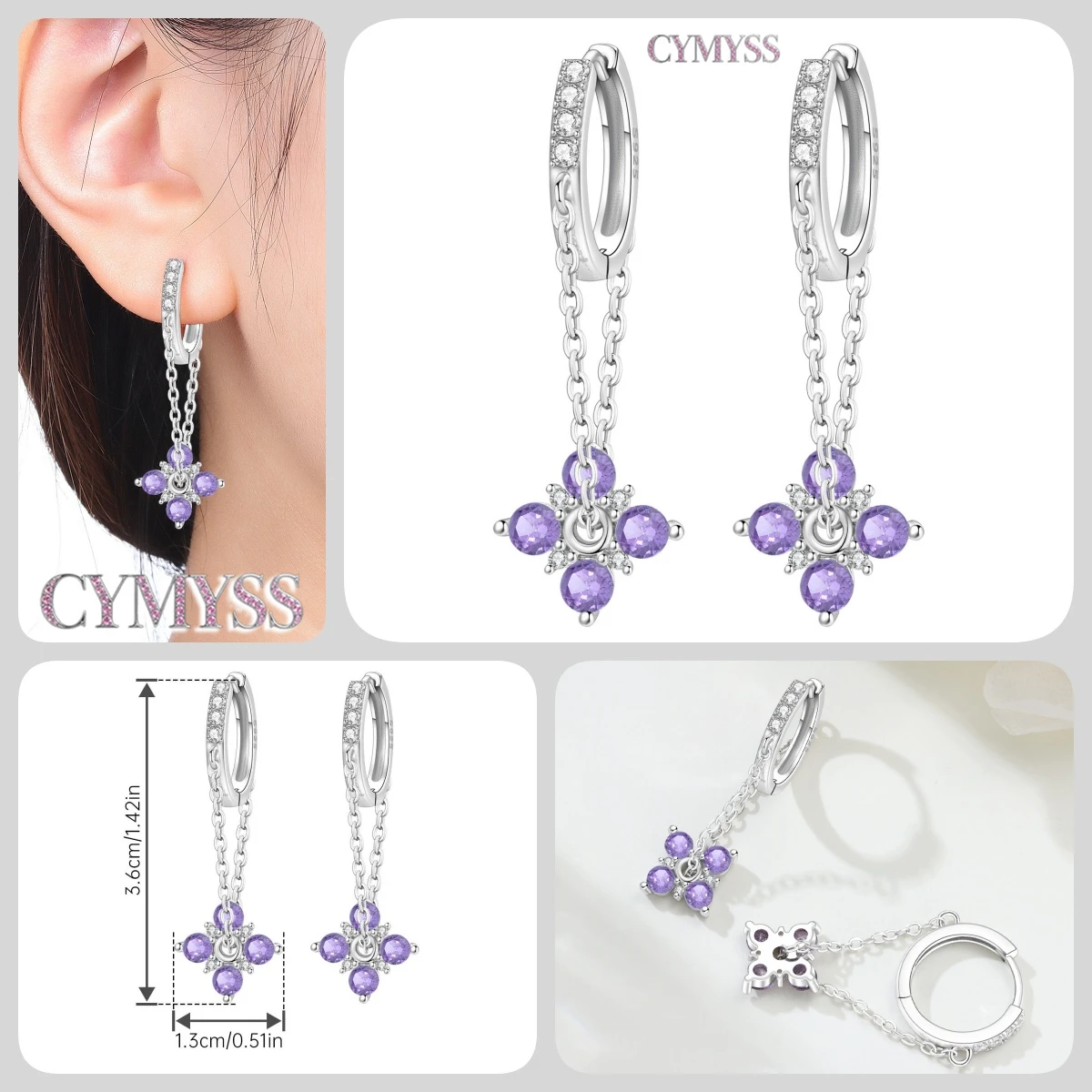 925 Sterling Silber Nadel-Ohrringe mit Lila Zirkon, Asymmetrisches Blumen-Design, Hochwertige Mode-Schmuckstücke für Hochzeit und Partys, Geschenke für Frauen – Detail 21
