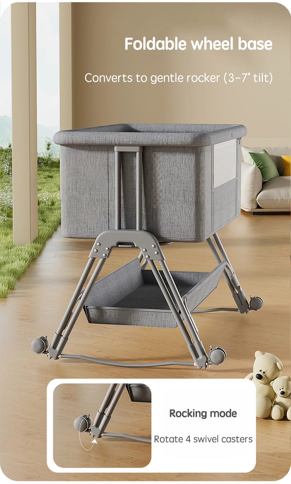 PANGDUBE 2-in-1-Schlafnetz für Babybetten, faltbare Stubenwagen mit Moskitonetz, 5-stufig höhenverstellbar, tragbares Co-Sleeper-Kinderbett – Detail 5