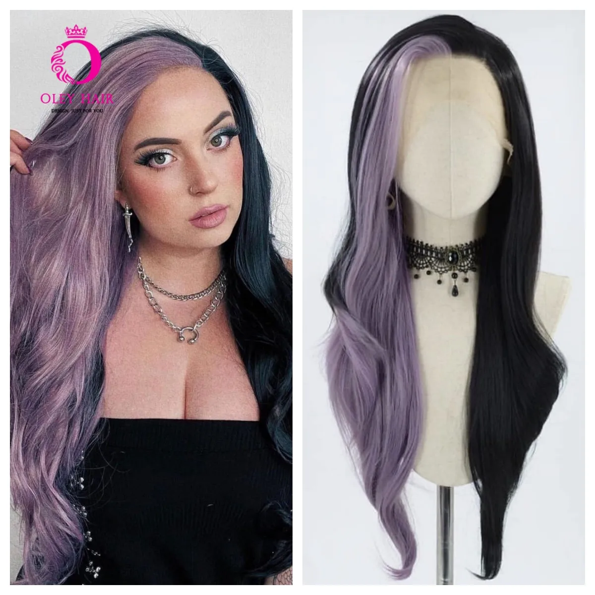 

Highlight Purple Synthetic 13x4 Lace Front Glueless Straight Black Wig Drag Queen Heat Resistant Preplucked Cosplay Women's Wigs
