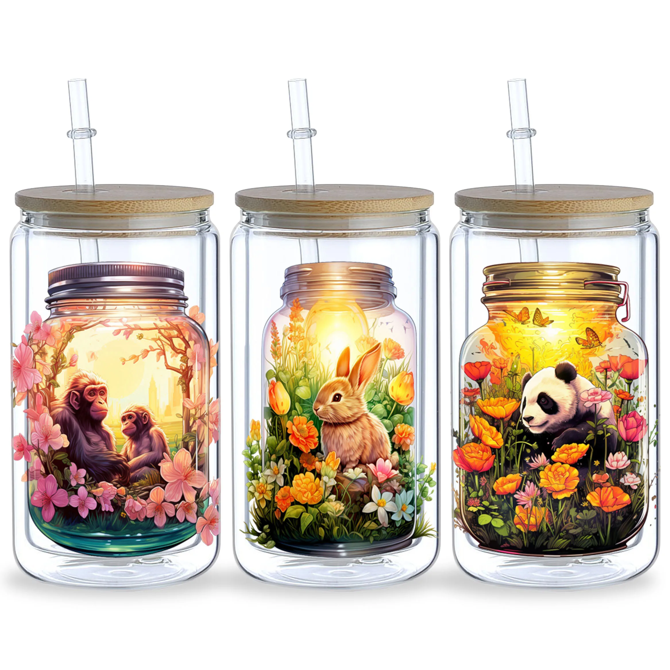 5 Sheets Animals in Bottle UV DTF Cup Stickers 16 oz, DTF Friction Transfer Stickers, Waterproof Funny Animal Stickers for DIY,