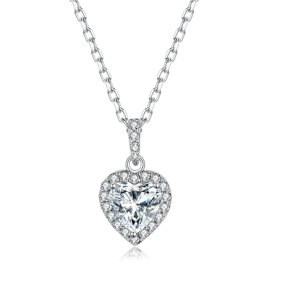 

BOEYCJR 925 Silver Halo Design Heart Cut 1ct/2ct D color Moissanite VVS1 Engagement Wedding Pendant Necklace for Women