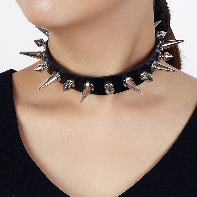 1pc Long Spike Choker Punk Faux Leather Collar Goth Style Necklace