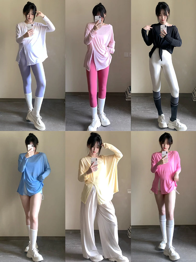 여성용 속건성 통기성 긴팔 스목탑(사이드 슬릿 포함) - 러닝, 피트니스, 아웃도어, 레저, 요가 및 운동에 적합