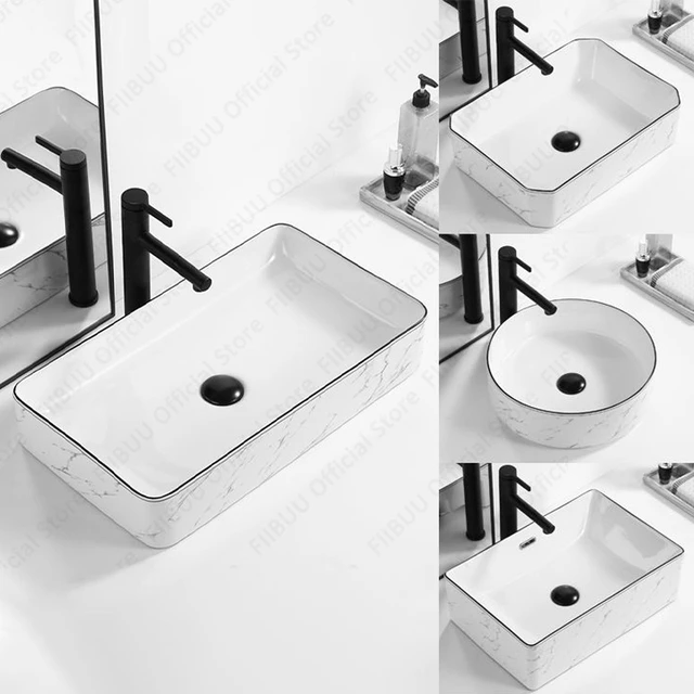 โมเดิร์นเซรามิคเคาน์เตอร์อ่างล้างจานอ่างล้างหน้าขอบสีดําอ่างล้างหน้าเดี่ยวพร้อมท่อระบายน้ําสําหรับห้องน้ํา Vanities Anti Splash อ่างล้างหน้าสําหรับซักรีด 1
