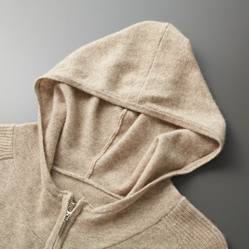 100% Cashmere Suit Men Hooded Zipper Cardigan Autumn Winter Knitted Two-Piece High Waist Trousers Fashion Solid Color Sweater 4