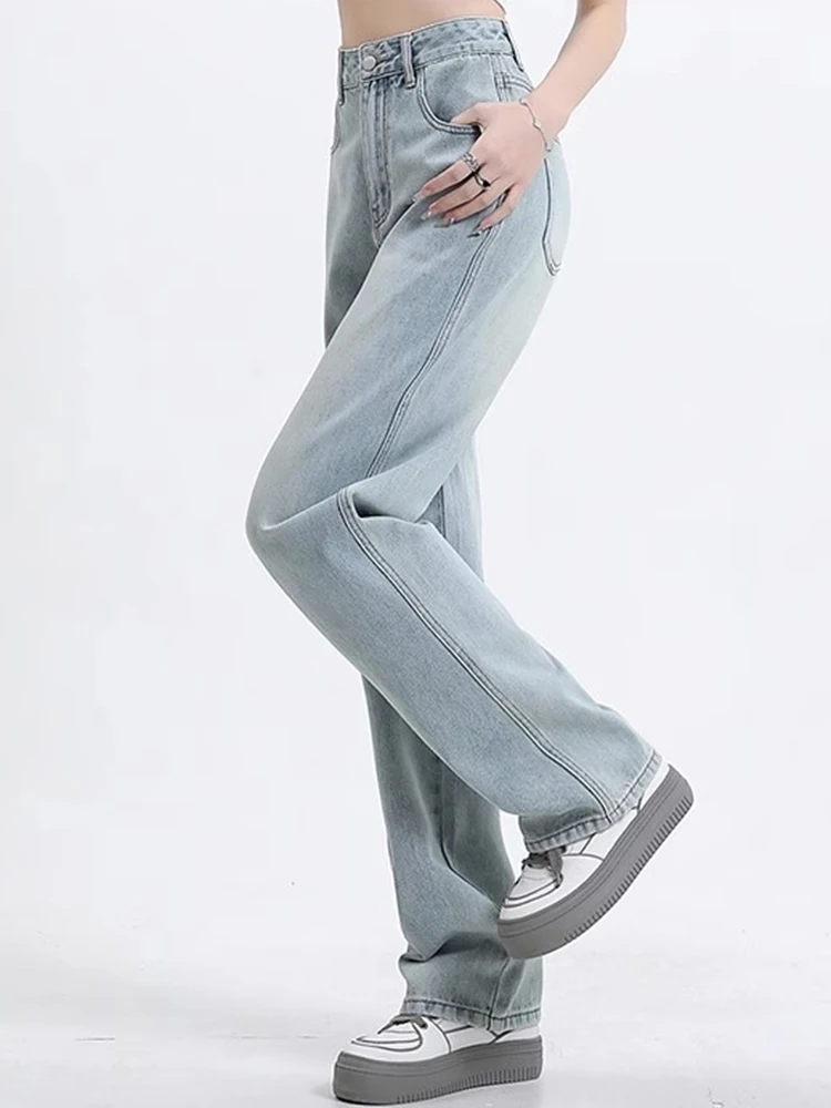 여자 하이 웨스트 와이드 레그 청바지 레이디 하이 스트리트 데님 스트레이트 레그 바지 여성 레트로 블루 라이트 블루 블랙 그레이 핑크 바지
