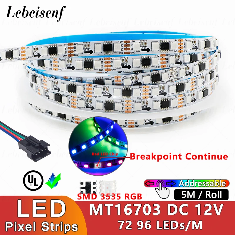 

12V RGB LED Digital Strip Addressable MT16703 Breakpoint Continue 72 96 LEDs/M Magic Color Flexible Pixel Lamp Bar 5M Highlight