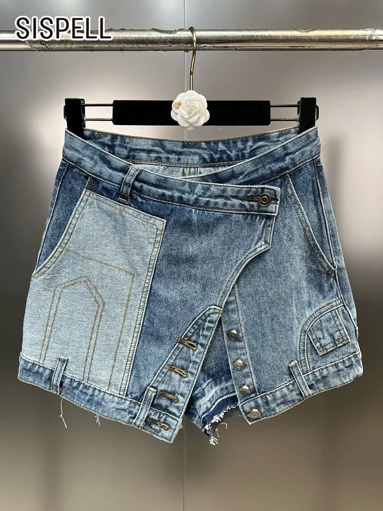 

SISPELL Denim Wide Leg Pants For Women High Waist Patchwork Buttons Asymmetrical Hit Color Short Tousers Female Fashion Clothing